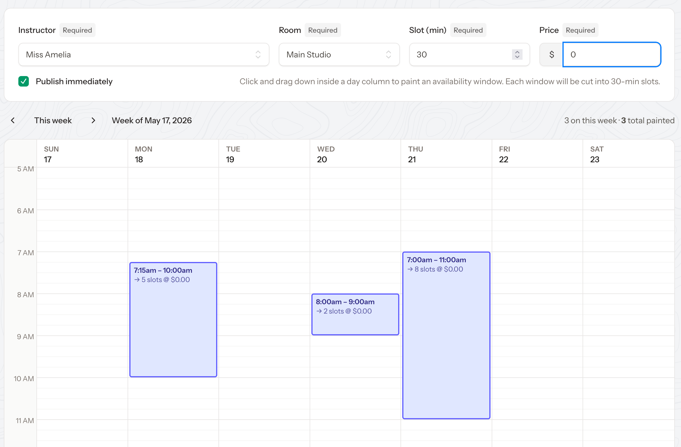 The admin build-schedule page with a calendar where the admin paints availability windows for the week