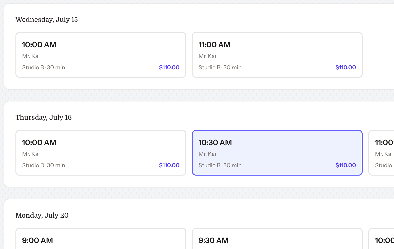 The family portal slot browser with open slots grouped by date