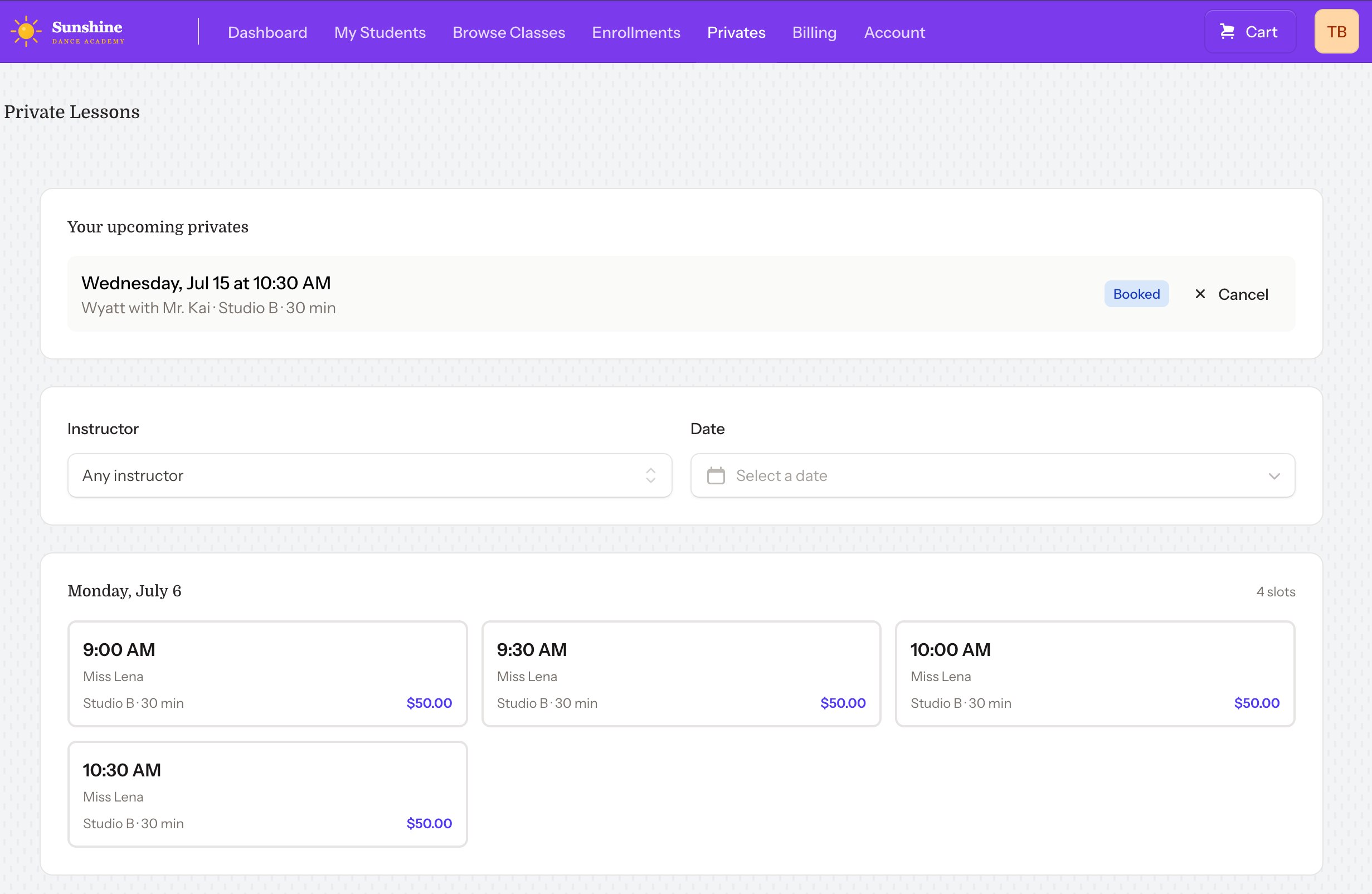 The family portal page where parents browse and claim open private lesson slots