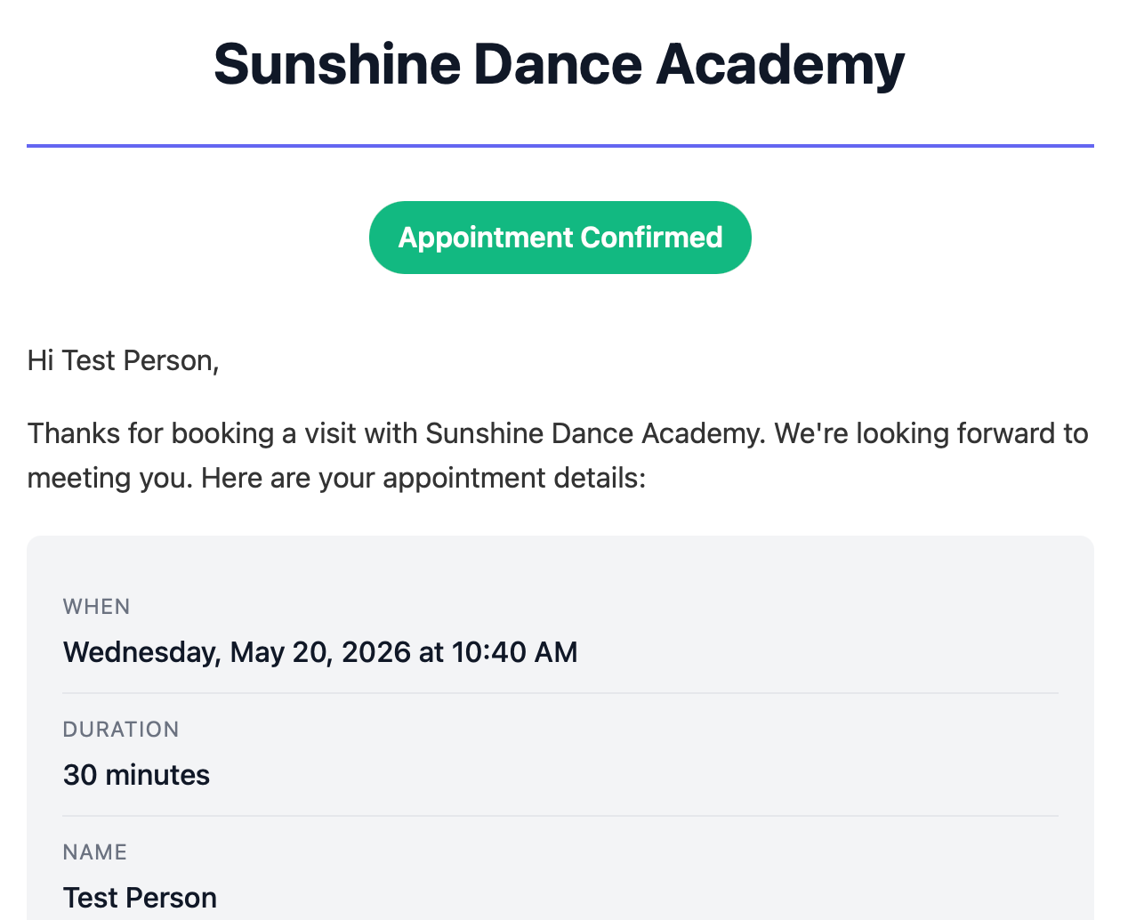 Email confirmation showing studio branding, appointment details, and contact info