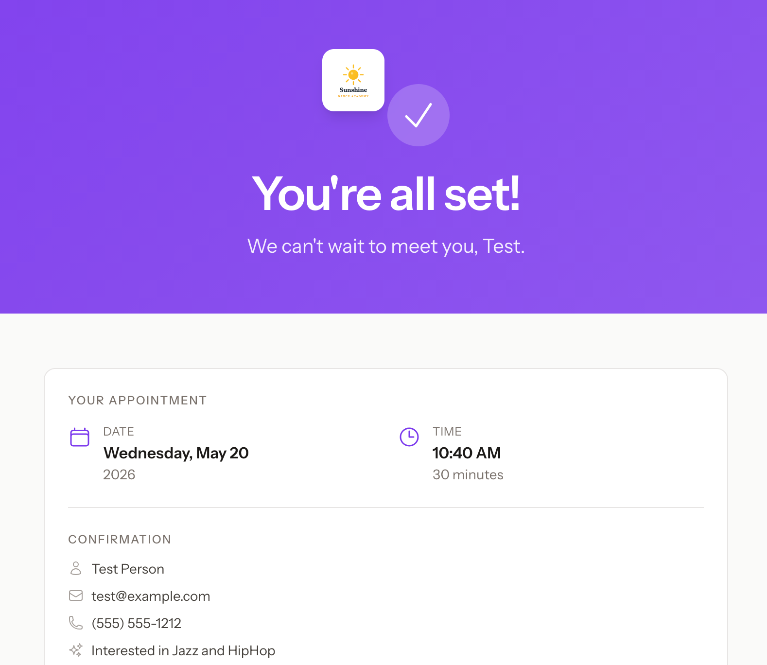 Booking confirmation page with appointment summary and reschedule details