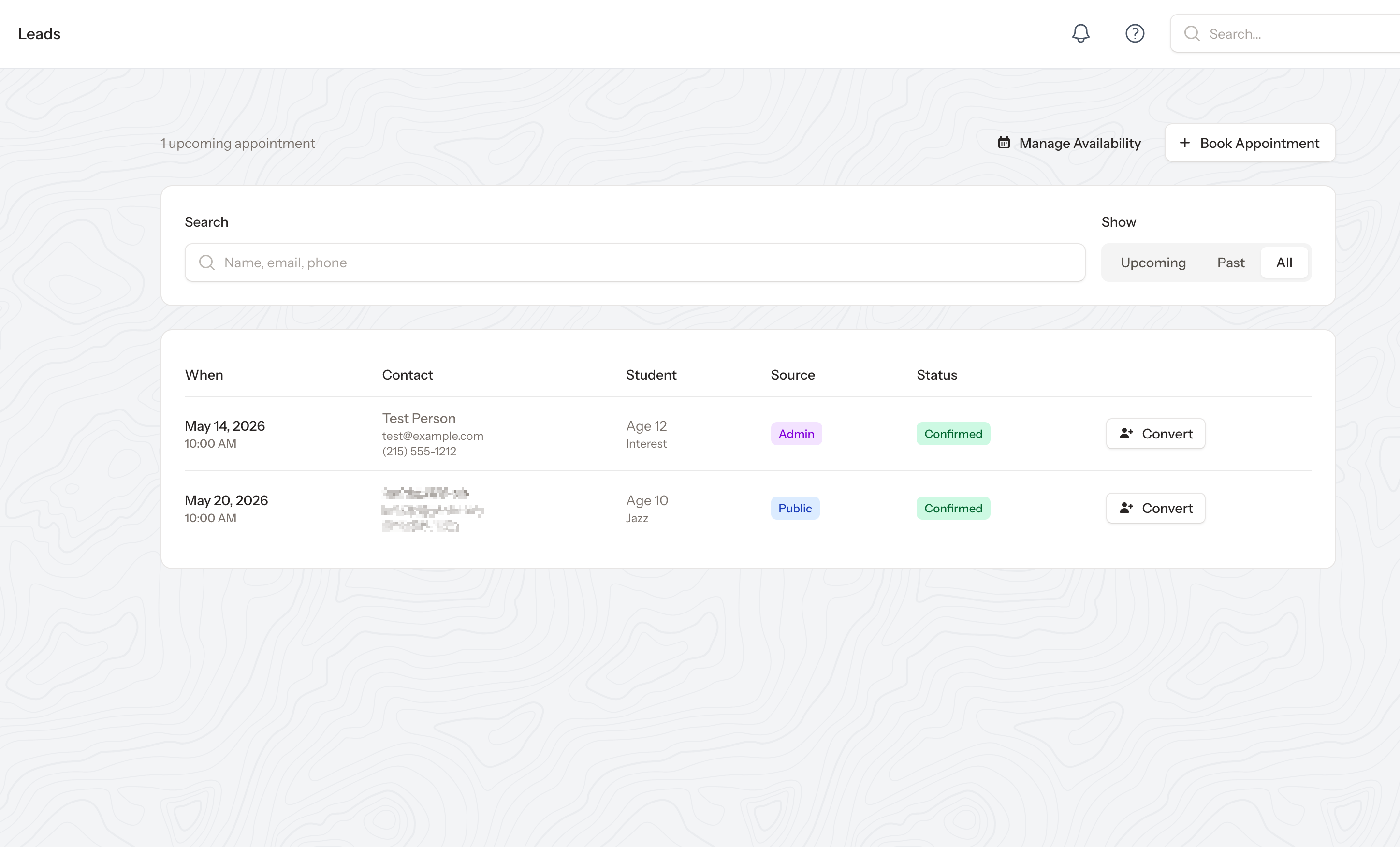 Admin leads dashboard showing upcoming appointments, contact info, source, status, and Convert action