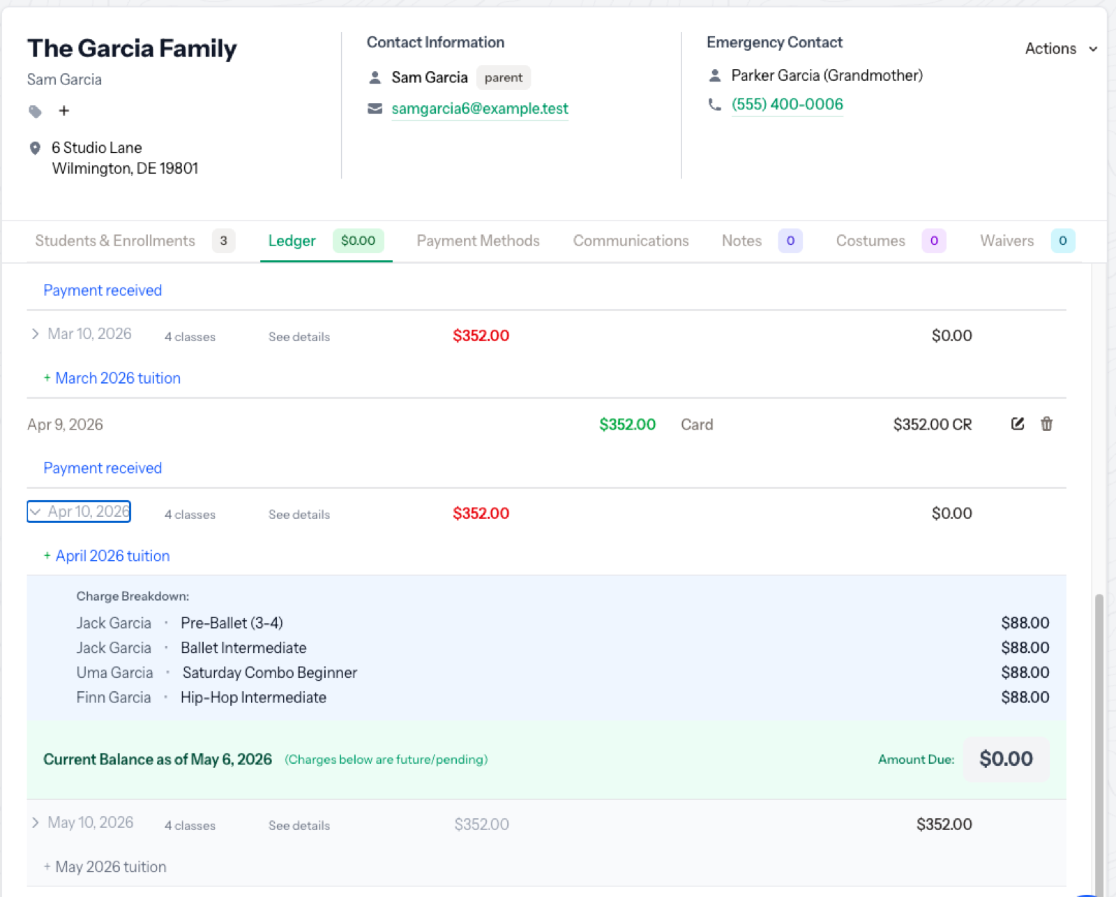 Family ledger with sibling discount